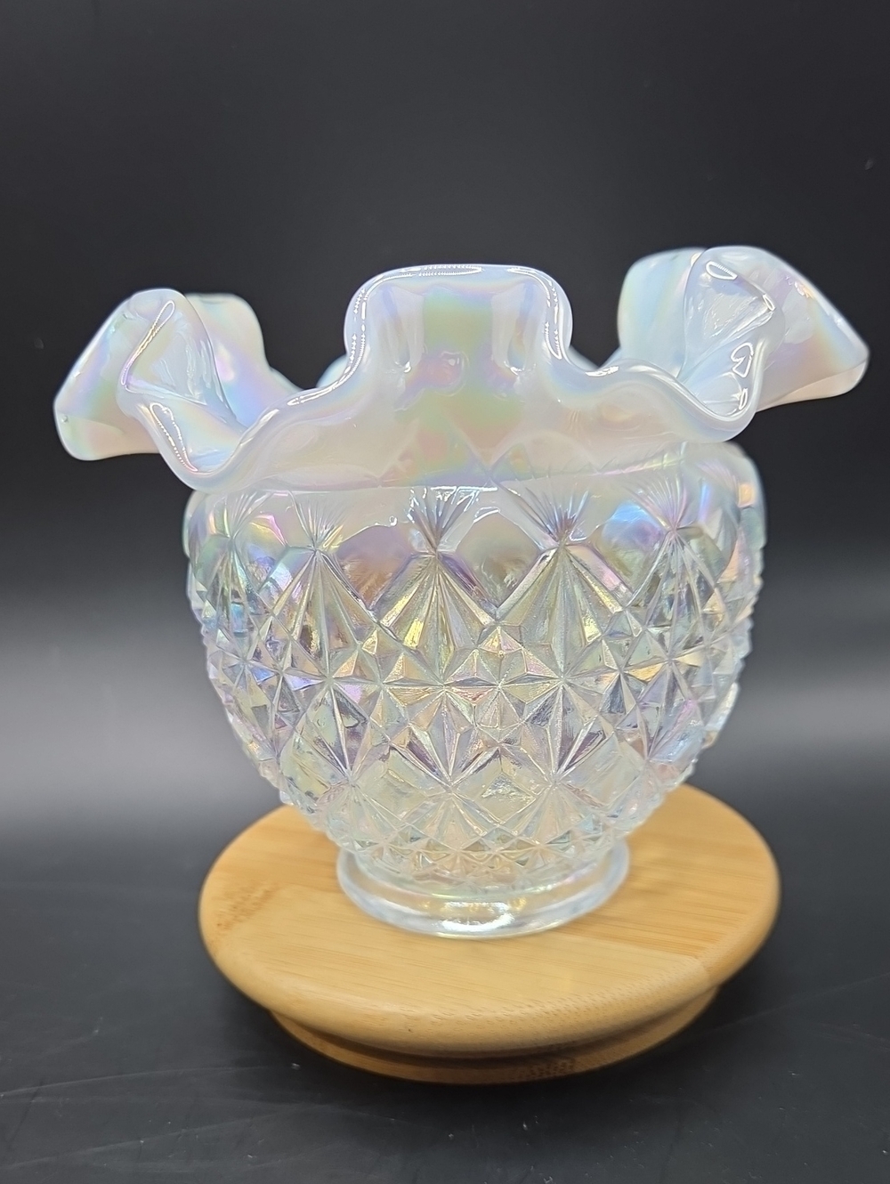 Fenton Olde Virginia Iridescent Opalescent Ruffled Glass Vase